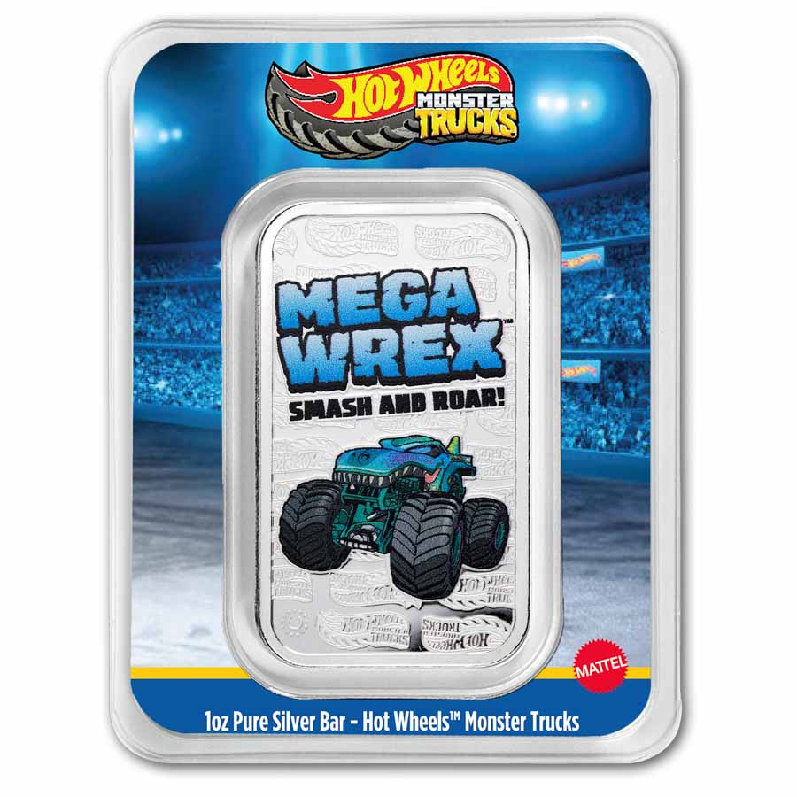 つ*様 Monzee シルバーロバ 1 oz Silver Hot Wheels™ Monster Truck Mega Wrex Colorized Bar | eBay